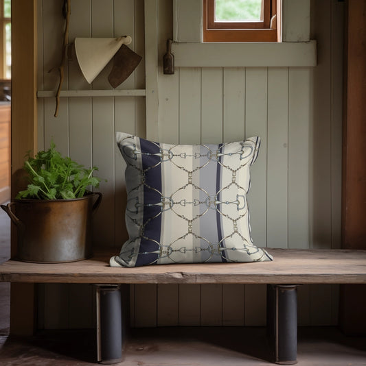 All Designs Equine - Navy Striped Double Sided Equestrian Pillow Case - 20 x 20