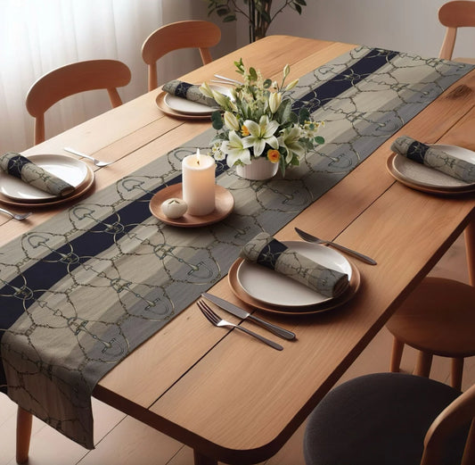 All Designs Equine - Snaffle Bit and Rein Navy Stripe Equestrian Table Runner