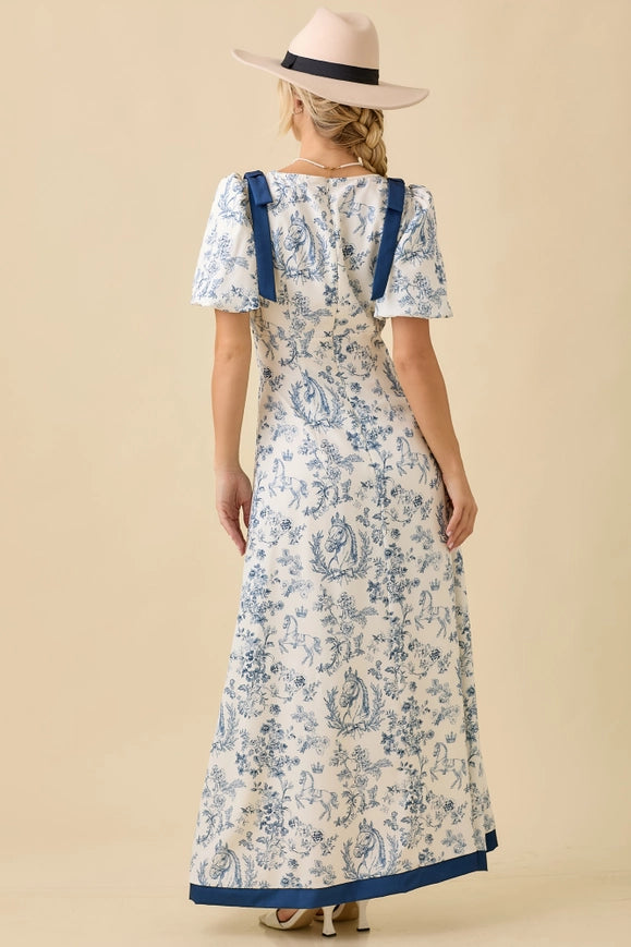 Main Strip Deep Neck Maxi Dress with Bubble Sleeve