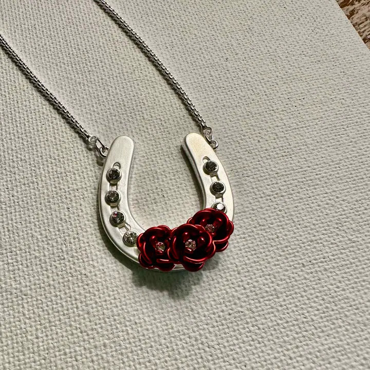 Carol Young Silver Horseshoe Necklace with Roses