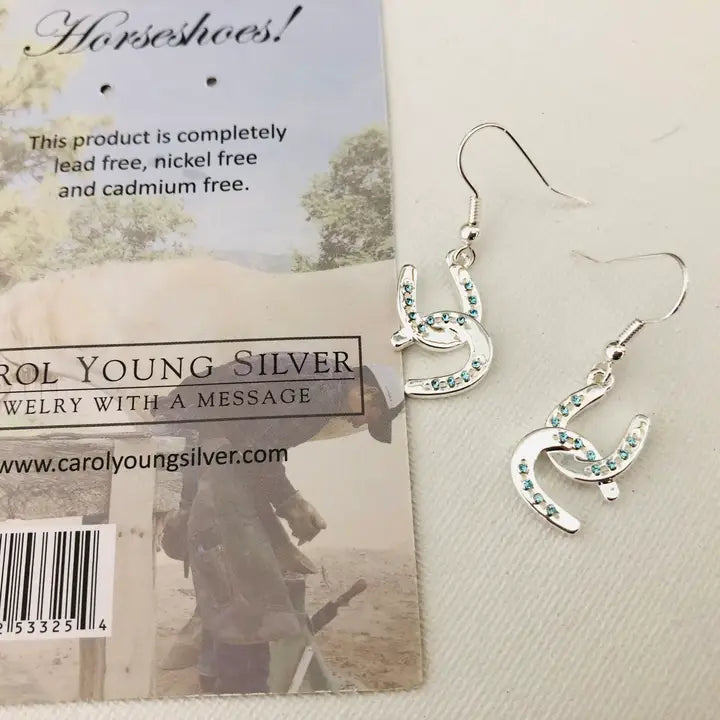 Carol Young Silver Horseshoe Drop Earrings with Aqua Crystals - On Card