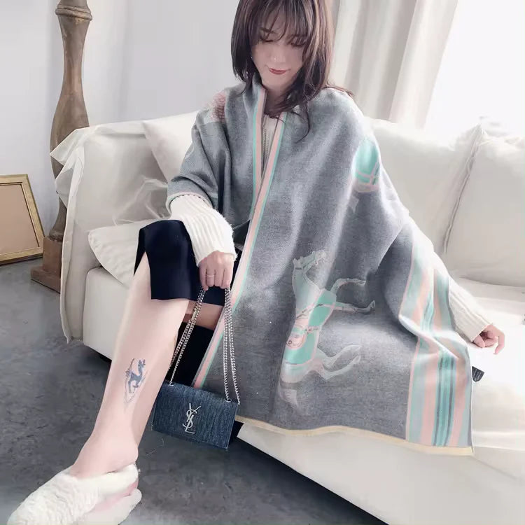 ALAINE Horse Design Cashmere Blend Pashmina/Shawl - 180x65cm