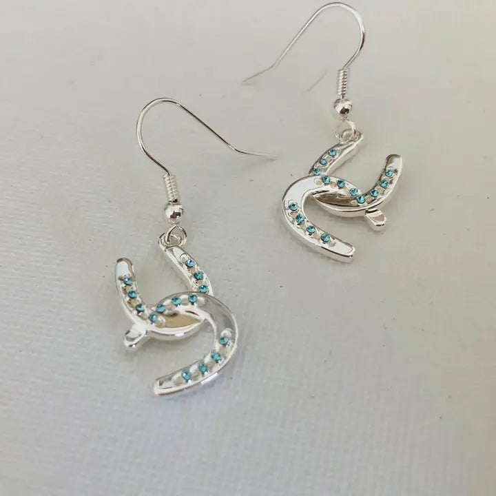Carol Young Silver Horseshoe Drop Earrings with Aqua Crystals - On Card