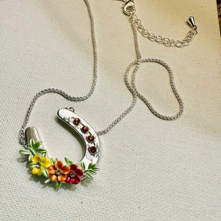 Carol Young Silver Horseshoe Necklace with Boho Flowers