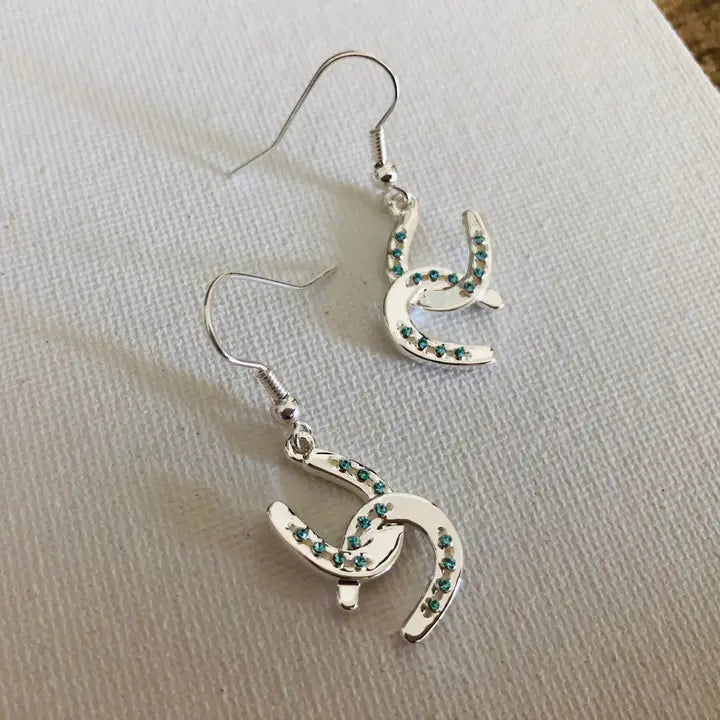 Carol Young Silver Horseshoe Drop Earrings with Aqua Crystals - On Card
