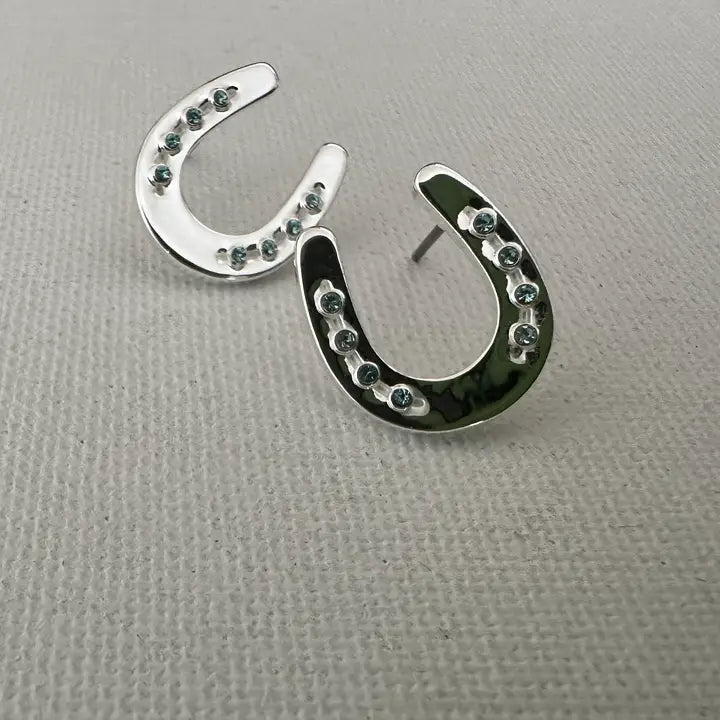 Carol Young Silver Horseshoe Post Back Earrings with Aqua Crystals - On Card