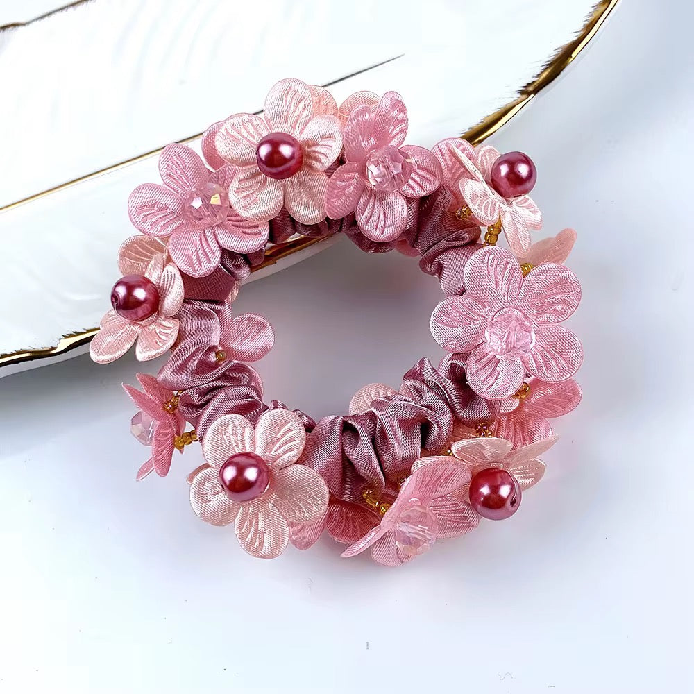 THD Satin Scrunchie with Two Tone Flowers, Imitation Crystal and Pearl Beads