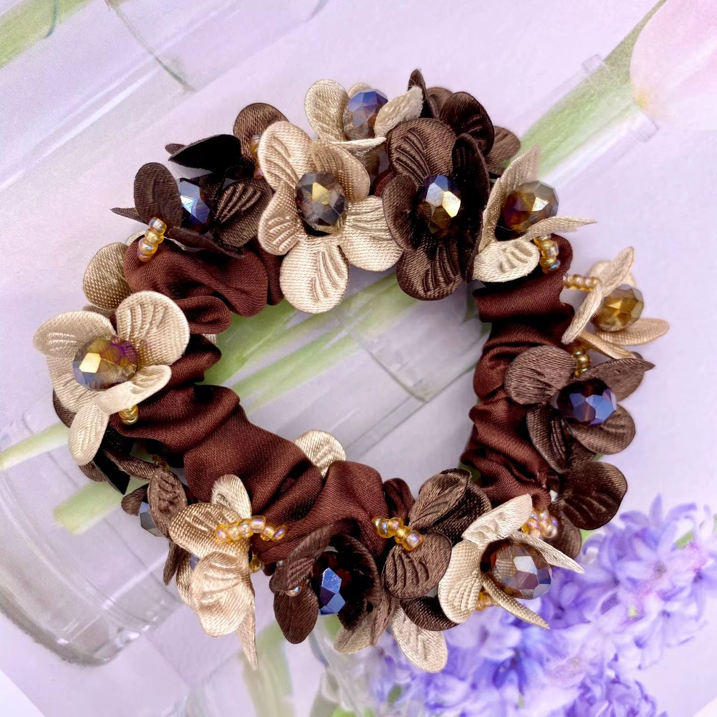 THD Satin Scrunchie with Two Tone Flowers and Imitation Crystal