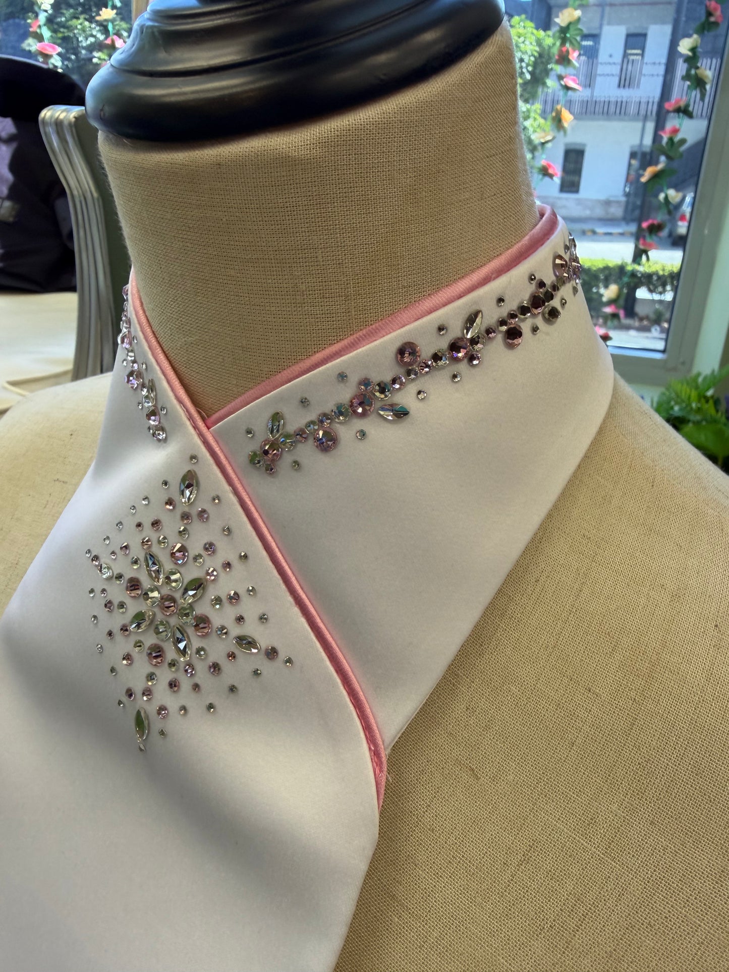 Plastronique Custom Stock Tie Pink Satin Trim Pink/Clear Crystal Diamond
