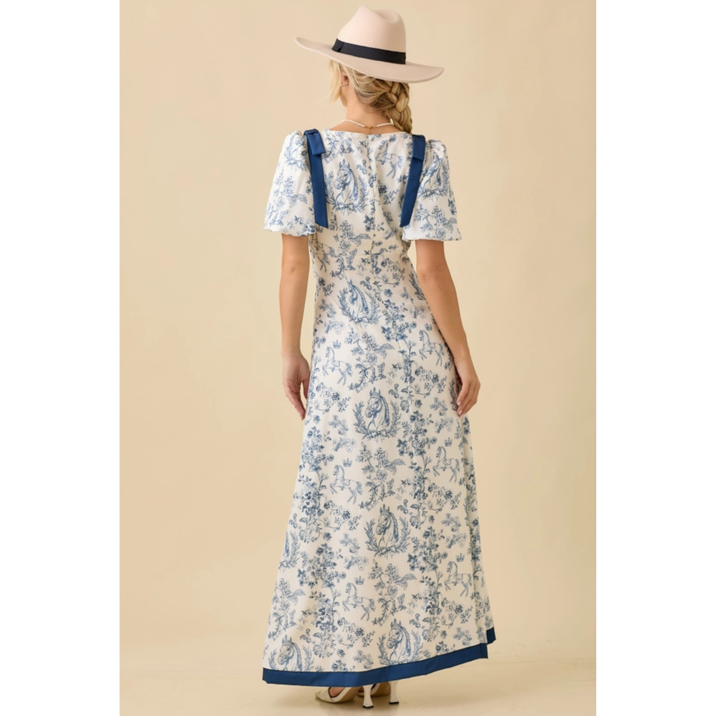 Main Strip Deep Neck Maxi Dress with Bubble Sleeve