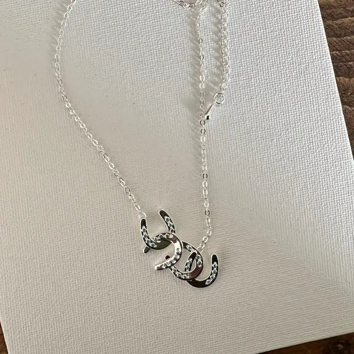 Carol Young Silver Horseshoes with Aqua Cascading Necklace - On Card