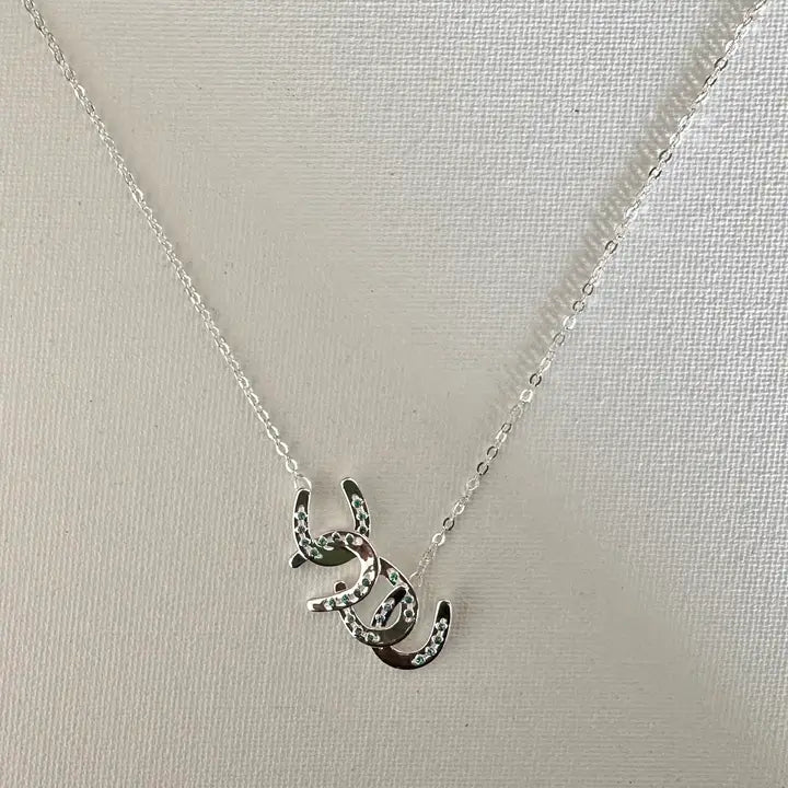 Carol Young Silver Horseshoes with Aqua Cascading Necklace - On Card