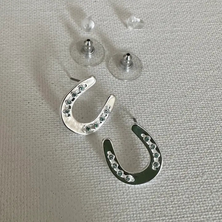 Carol Young Silver Horseshoe Post Back Earrings with Aqua Crystals - On Card