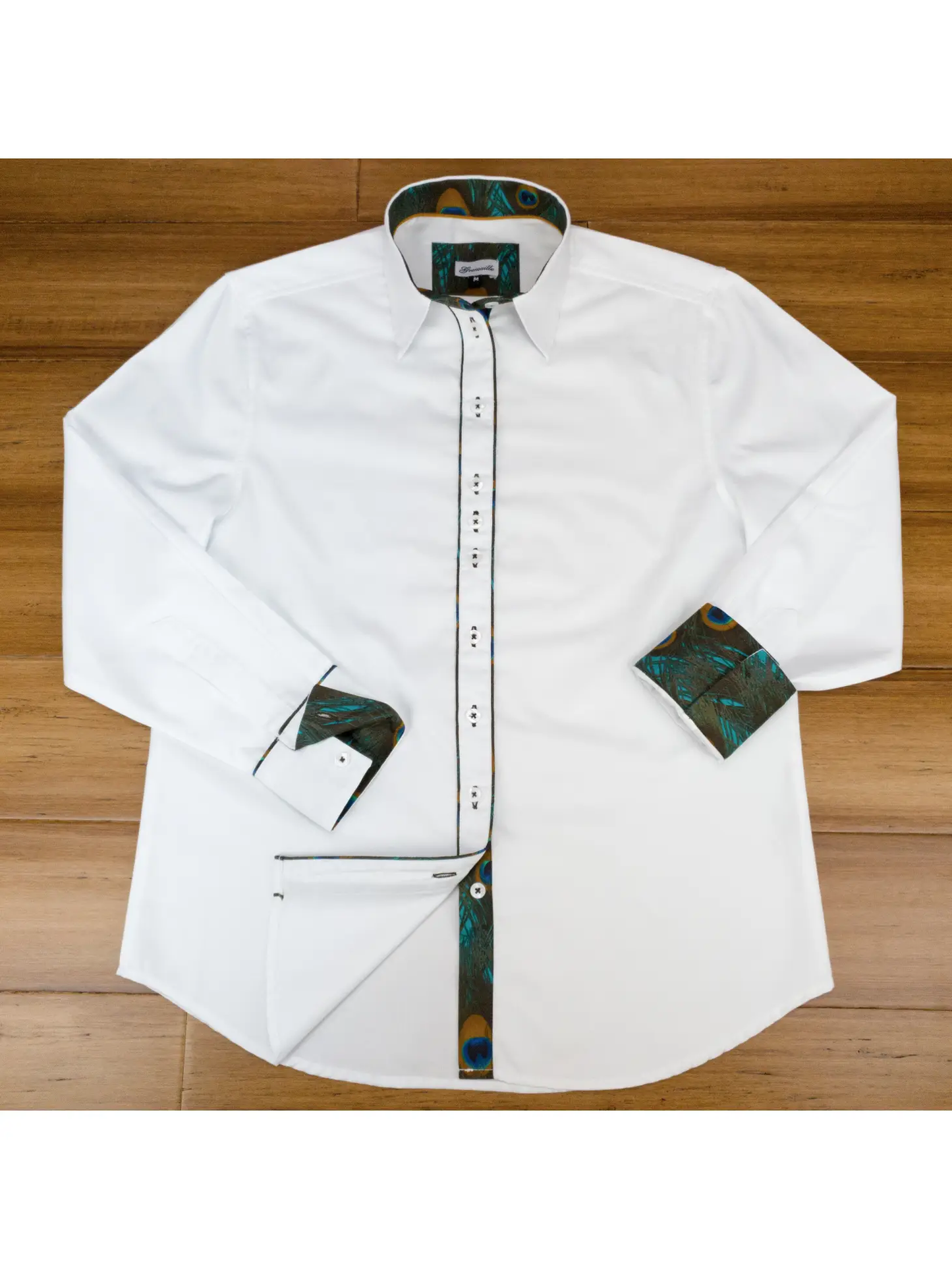 Grenouille Ladies White Shirt with Peacock Print Accents - Ladies Size L Only (please refer to size chart)