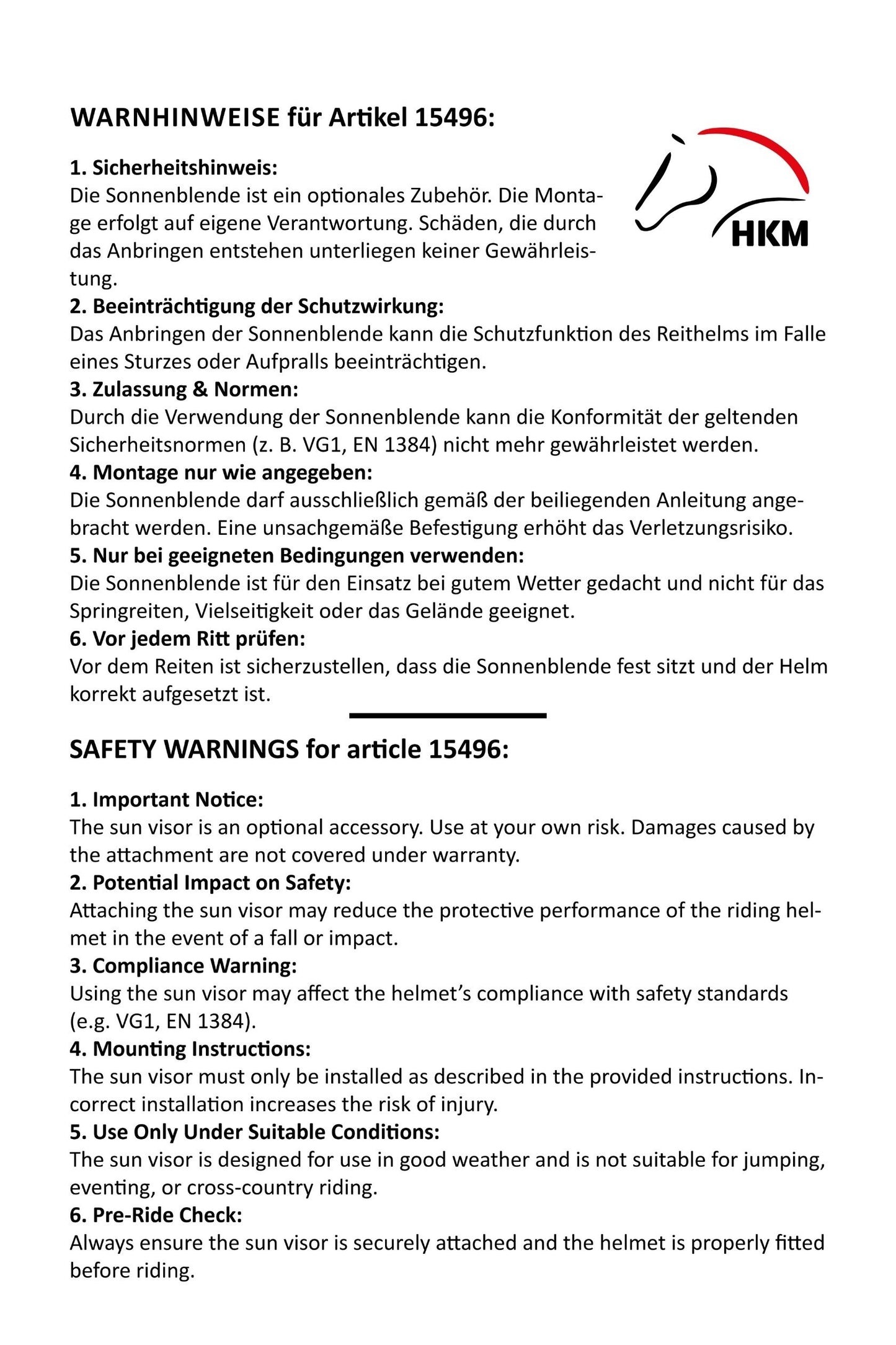 HKM Helmet Sun Visor - Sunblock
