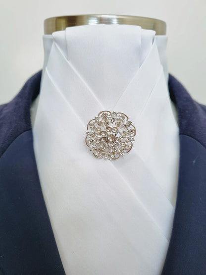 ERA Alex Stock Tie - White Satin with Pleated Centre & Brooch