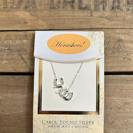 Carol Young Silver Horseshoes with Aqua Cascading Necklace - On Card