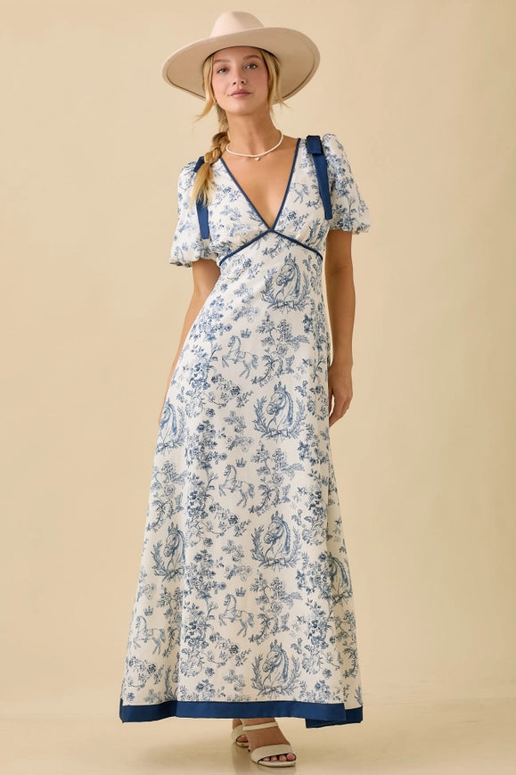 Main Strip Deep Neck Maxi Dress with Bubble Sleeve
