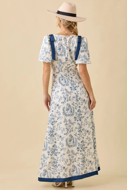 Main Strip Deep Neck Maxi Dress with Bubble Sleeve