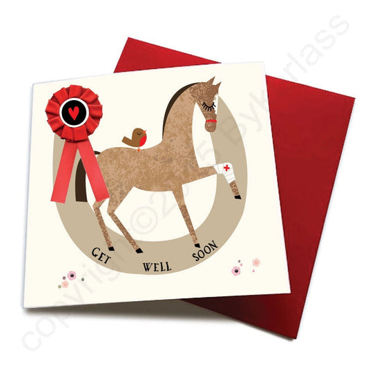 Wotmalike Get Well Soon - Horse Greeting Card (with Satin Rosette)