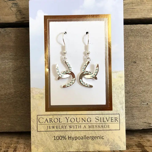 Carol Young Silver Horseshoe Drop Earrings with Aqua Crystals - On Card
