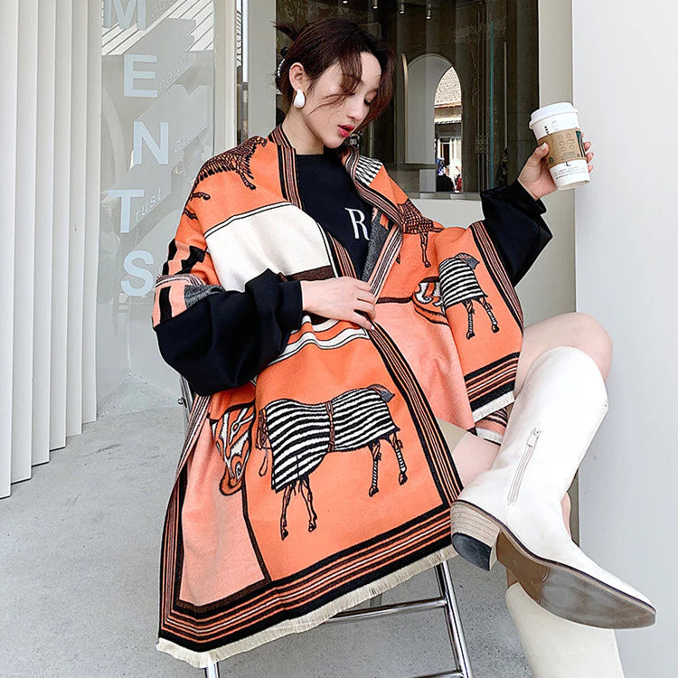 CUTHA Horse Design Cashmere Blend Pashmina/Shawl