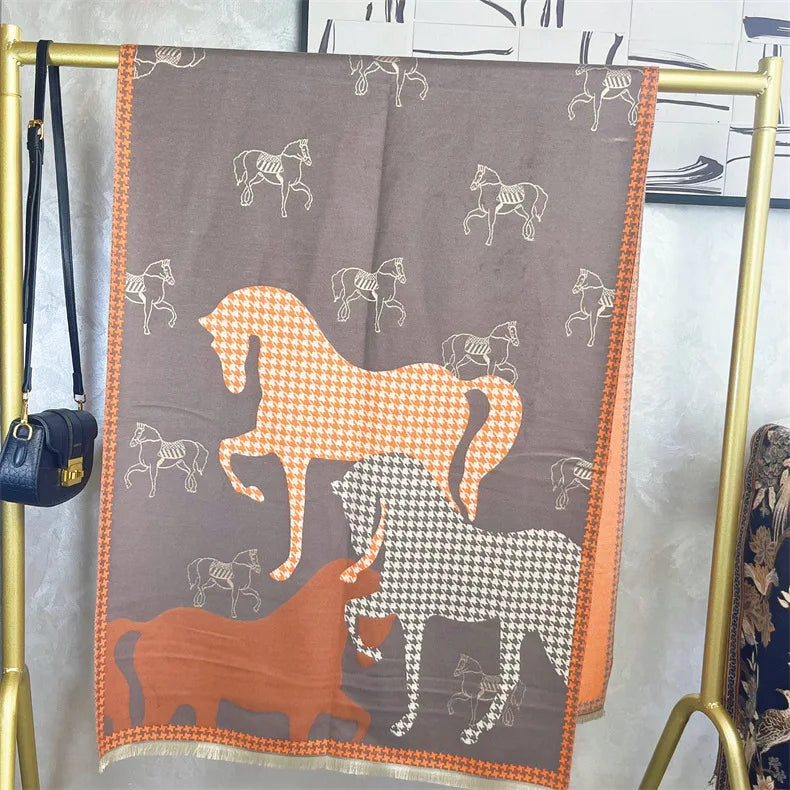 HAZEL Horse Design Cashmere Feel Pashimna/Shawl