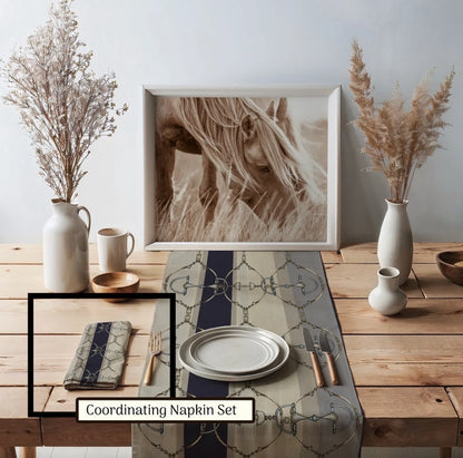 All Designs Equine - Snaffle Bit and Rein Navy Stripe Equestrian Table Runner