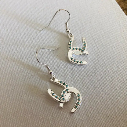Carol Young Silver Horseshoe Drop Earrings with Aqua Crystals - On Card