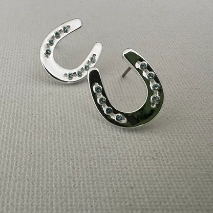 Carol Young Silver Horseshoe Post Back Earrings with Aqua Crystals - On Card