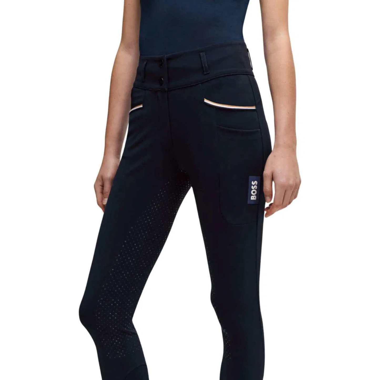 Boss Equestrian Ladies Hailey High Waist Full Grip Breeches - Summer - Black & Sky Captain (Navy)