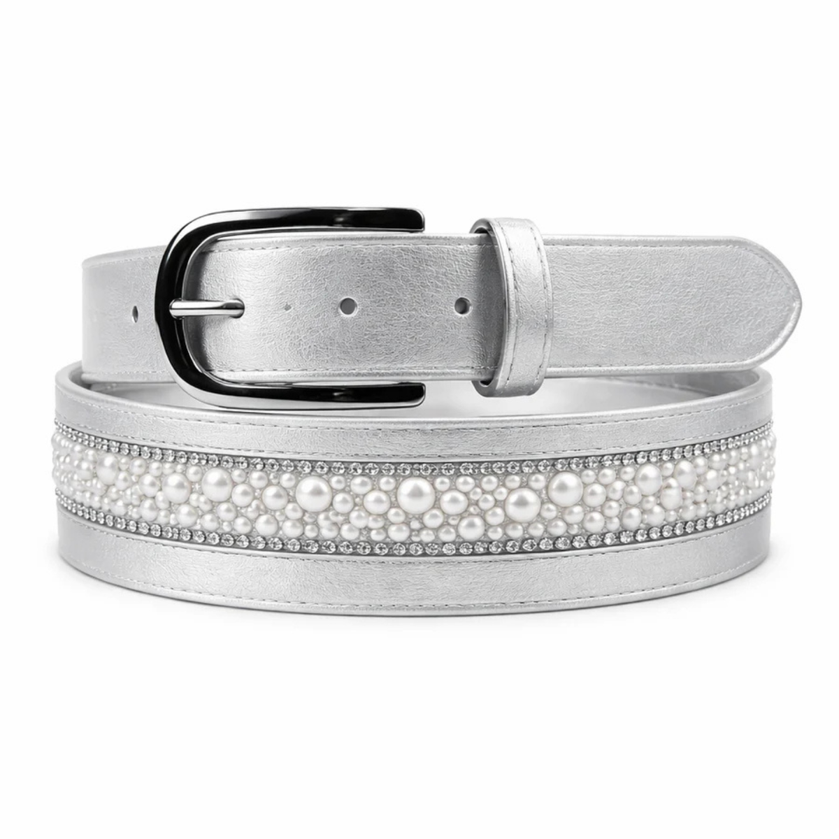 Cavaleira Equestrian Elegant Leather Belt - Wide Pearl - Silver