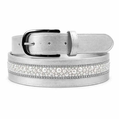 Cavaleira Equestrian Elegant Leather Belt - Wide Pearl - Silver