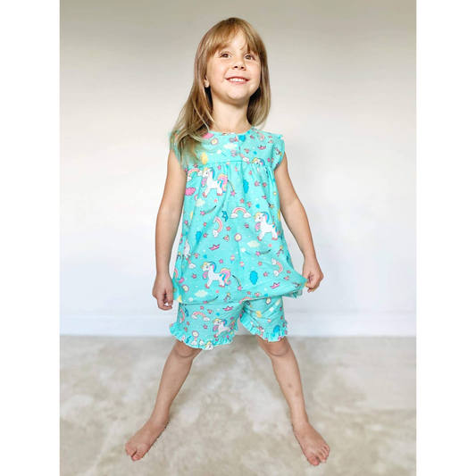 Fox In A Box - Aqua Magical Pony Children's Short Pyjama Set - Size 5-6 Years Only