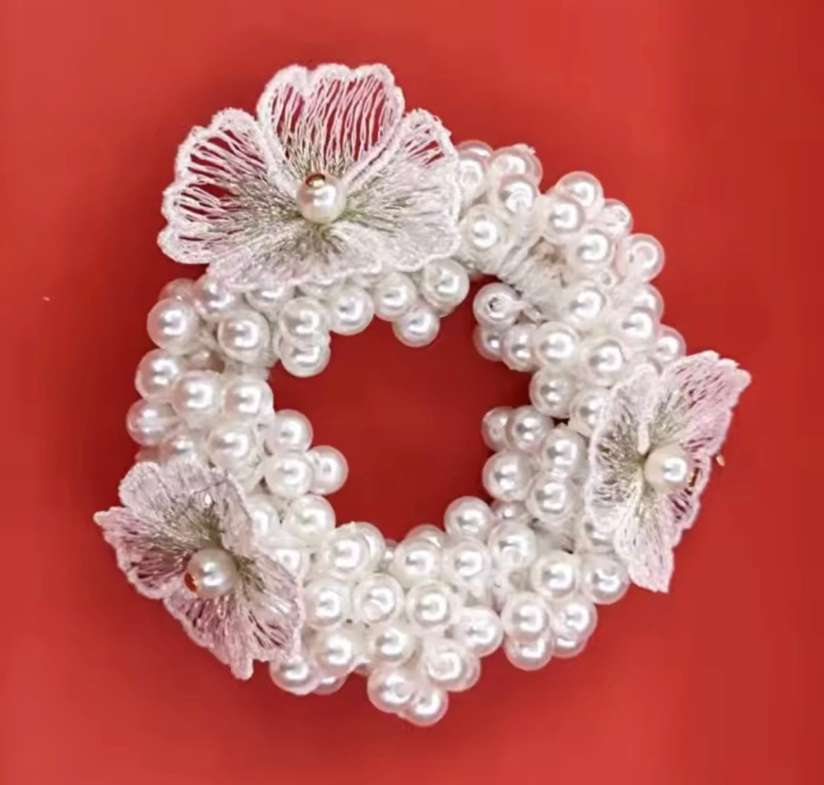 THD Small Imitation Pearl and Satin Flower Scrunchie