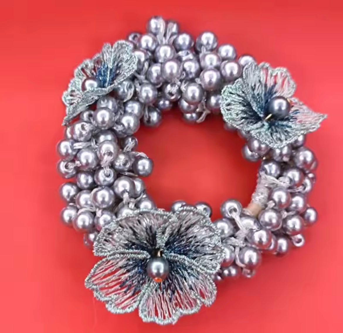 THD Small Imitation Pearl and Satin Flower Scrunchie