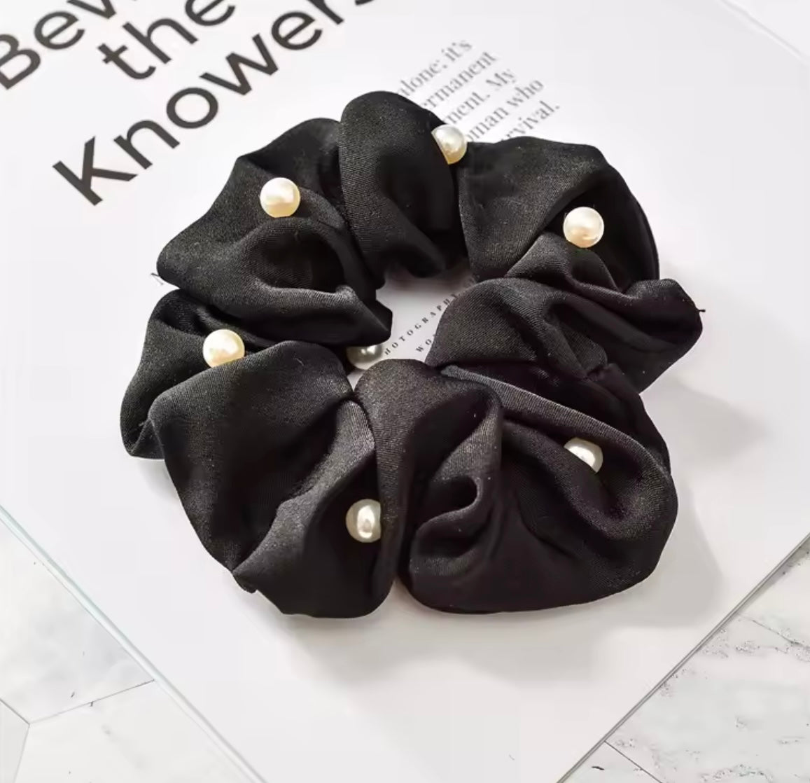 THD Silky Satin Scrunchie with Imitation Pearls