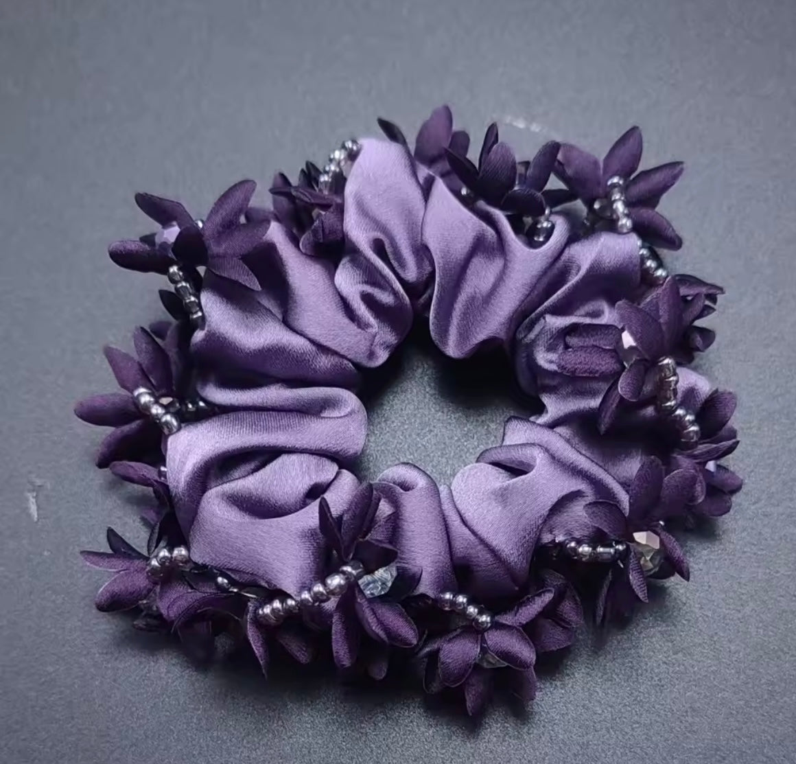 THD Satin Scrunchie with Flowers and Crystal Beads