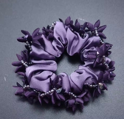THD Satin Scrunchie with Flowers and Crystal Beads
