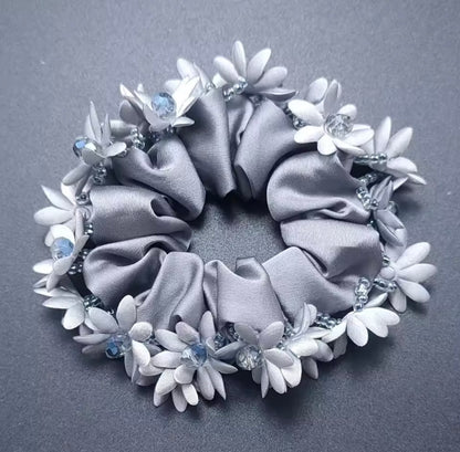 THD Satin Scrunchie with Flowers and Crystal Beads