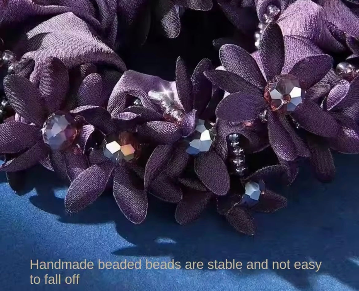 THD Satin Scrunchie with Flowers and Crystal Beads