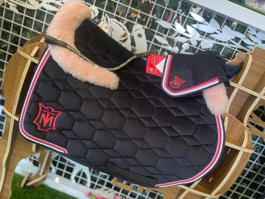 Mattes Square Jump SaddlePad - Black Velvet - Top Sheepskin - Medium