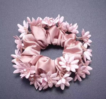 THD Satin Scrunchie with Flowers and Crystal Beads
