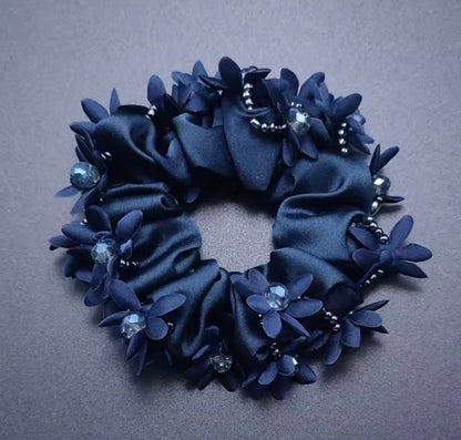 THD Satin Scrunchie with Flowers and Crystal Beads