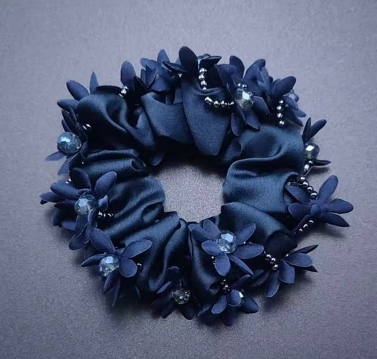 THD Satin Scrunchie with Flowers and Crystal Beads