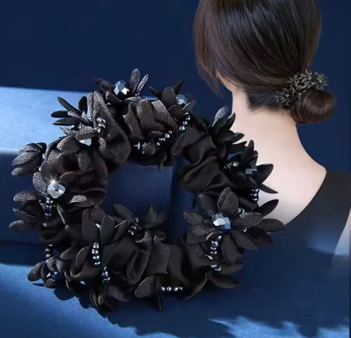 THD Satin Scrunchie with Flowers and Crystal Beads