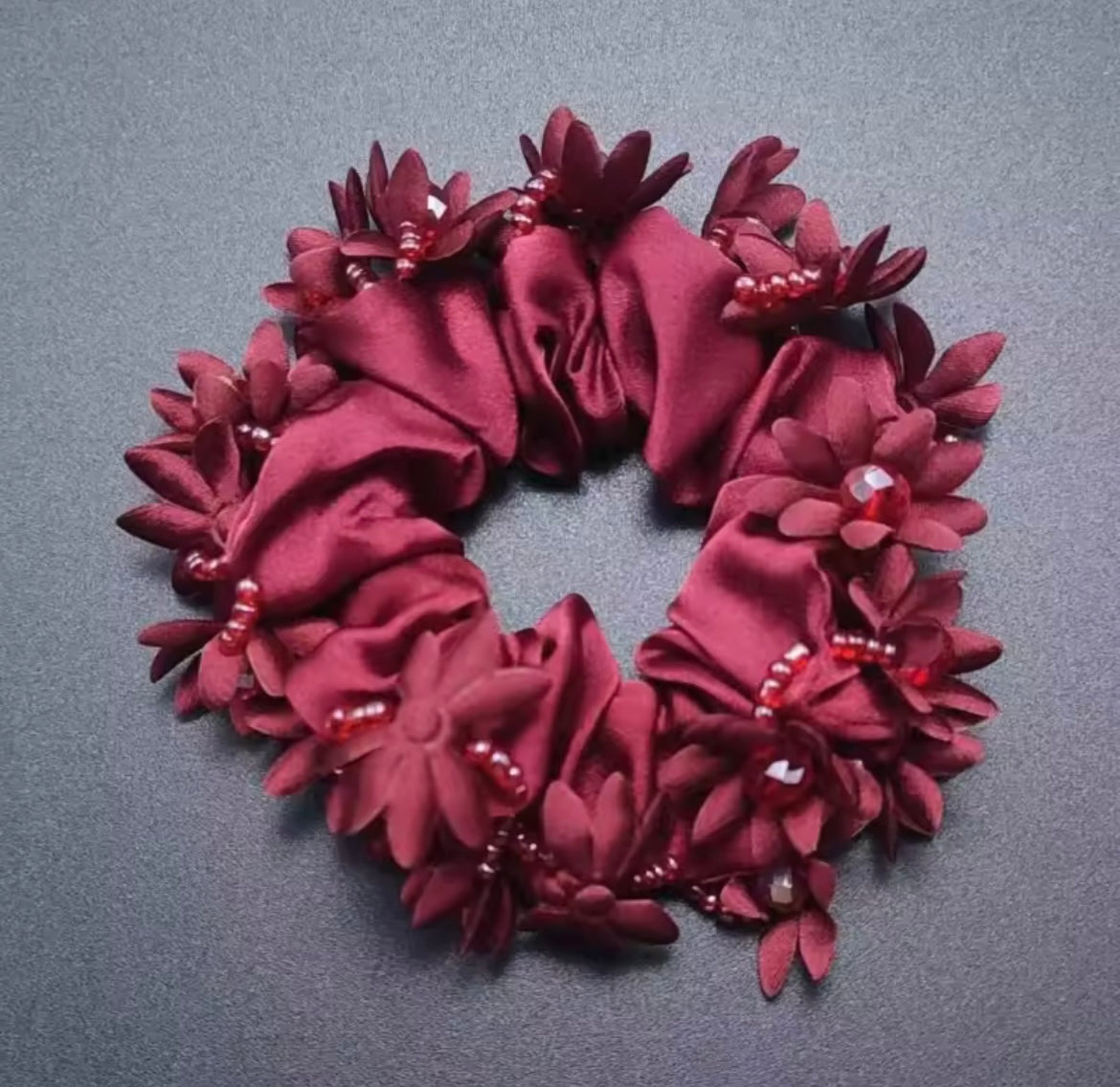 THD Satin Scrunchie with Flowers and Crystal Beads