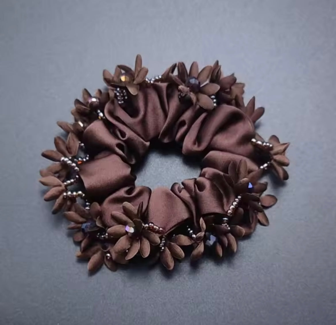 THD Satin Scrunchie with Flowers and Crystal Beads
