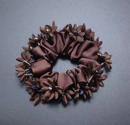 THD Satin Scrunchie with Flowers and Crystal Beads