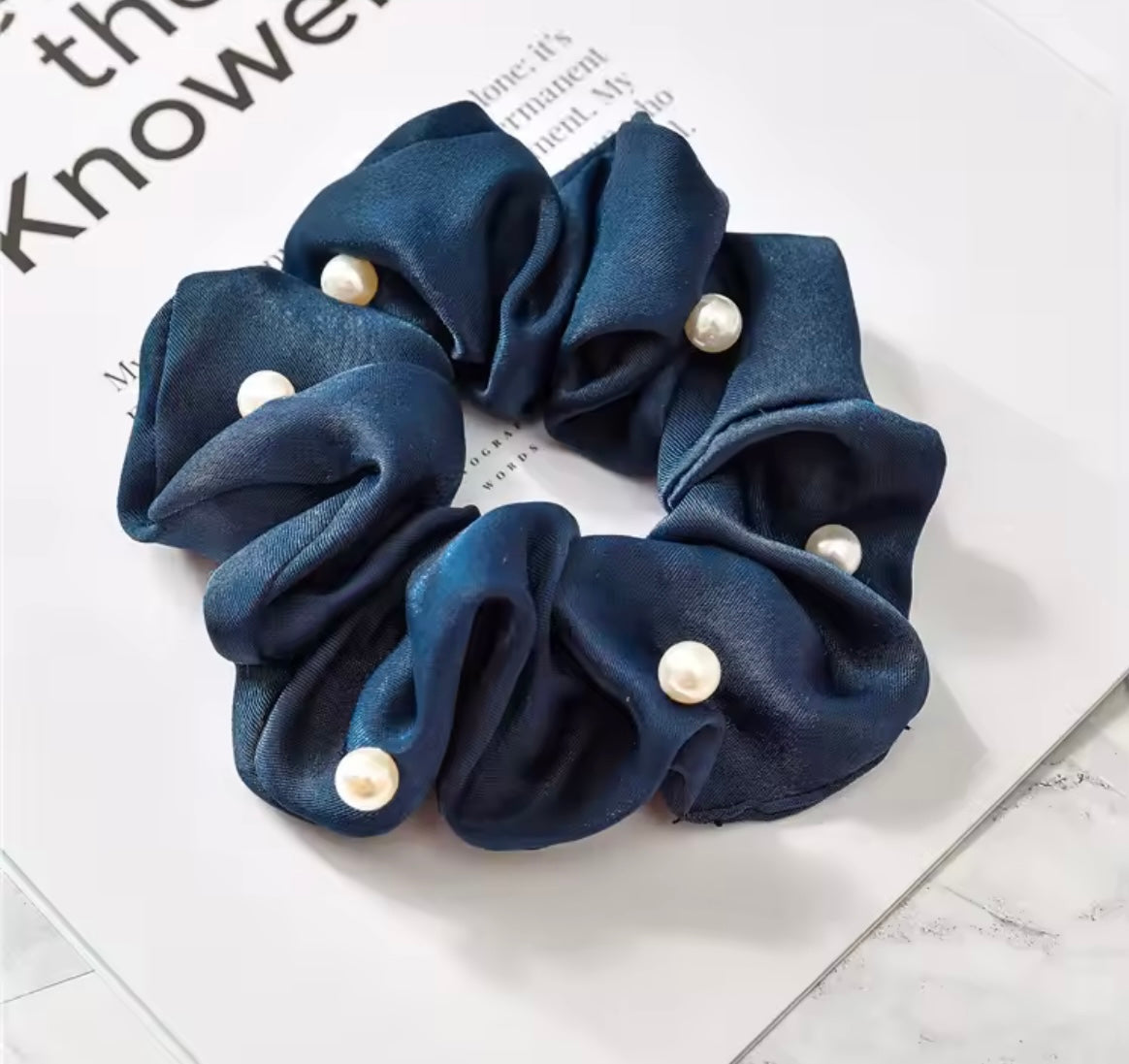 THD Silky Satin Scrunchie with Imitation Pearls